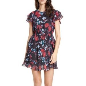 Dolan Julia Clip Dot Jacquard Chiffon Black and Red Floral Mini Ruffle Dress